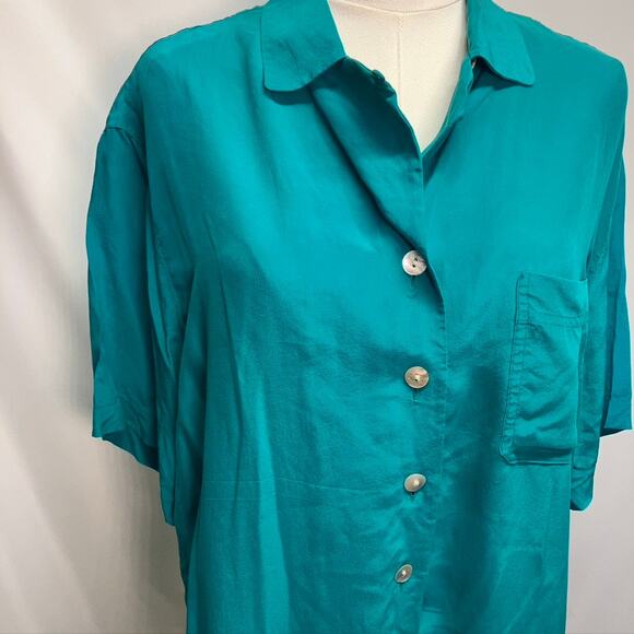 Vintage 80's Casual Corner 100% Silk Teal Button Up Short Sleeve blouse Womens M - Picture 3 of 16